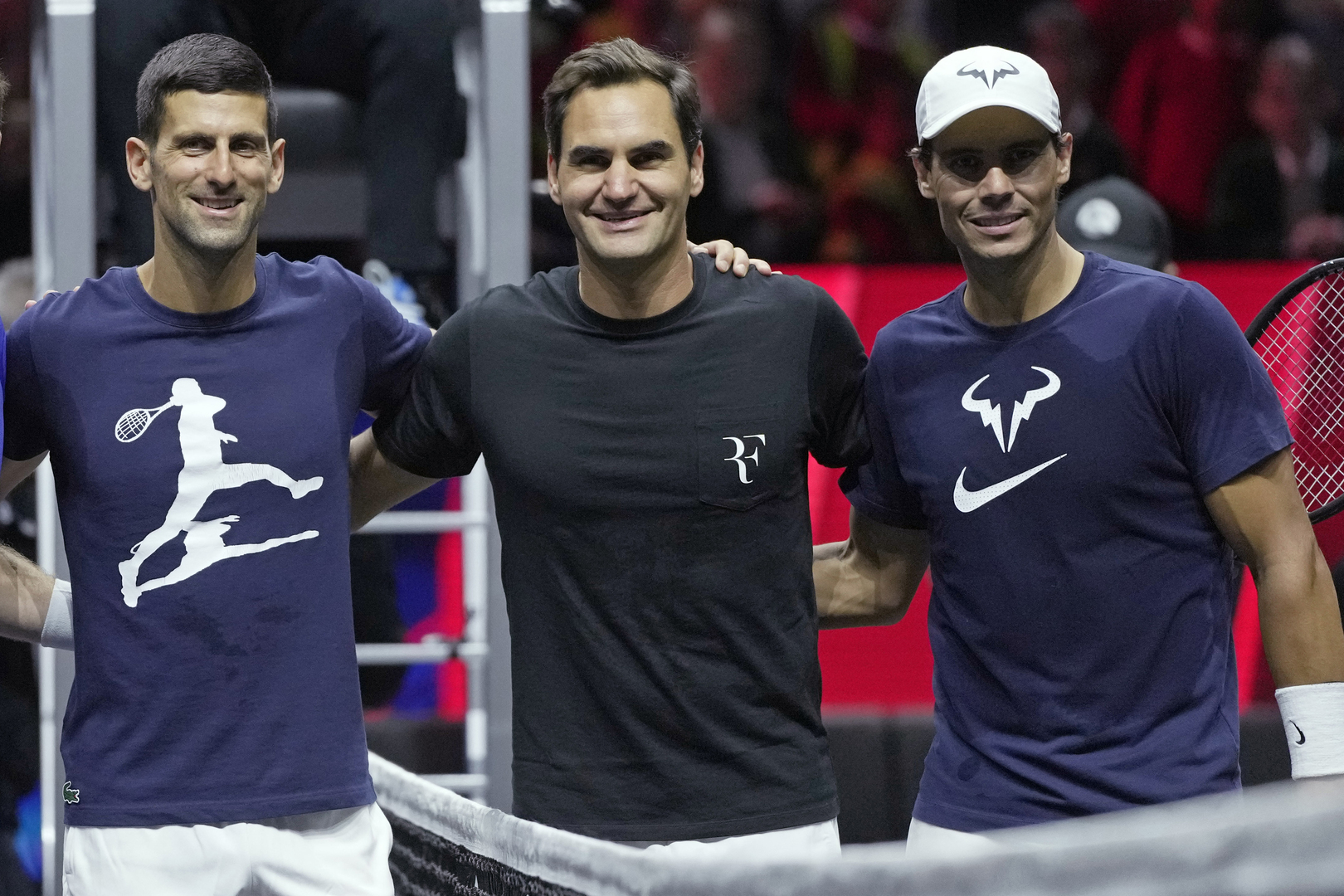Novak Djokovic, Roger Federer, and Rafael Nadal at a tennis training session.