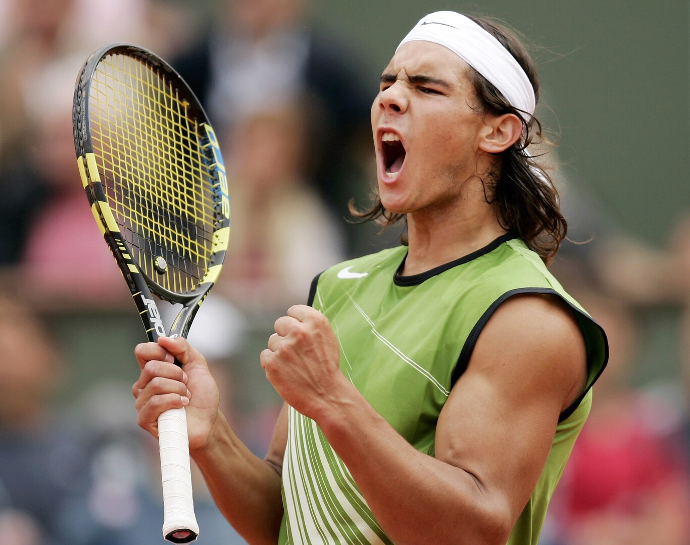 Rafael Nadal celebrating a point at the French Open.